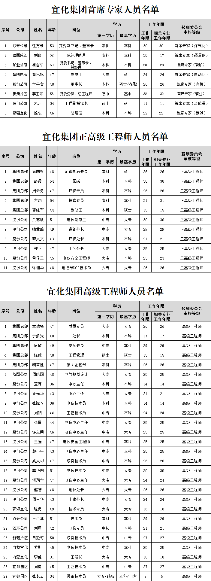 宜化集團(tuán)首席專家、正高級(jí)工程師、高級(jí)工程師評(píng)審結(jié)果公示